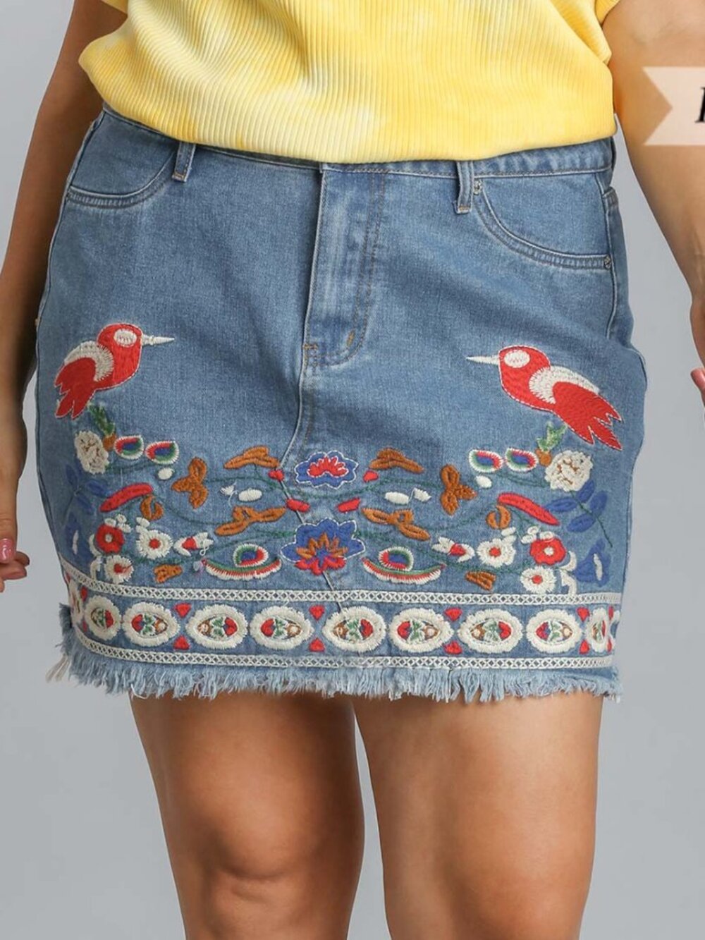 Embroidered Denim Skirt with Frayed Hem